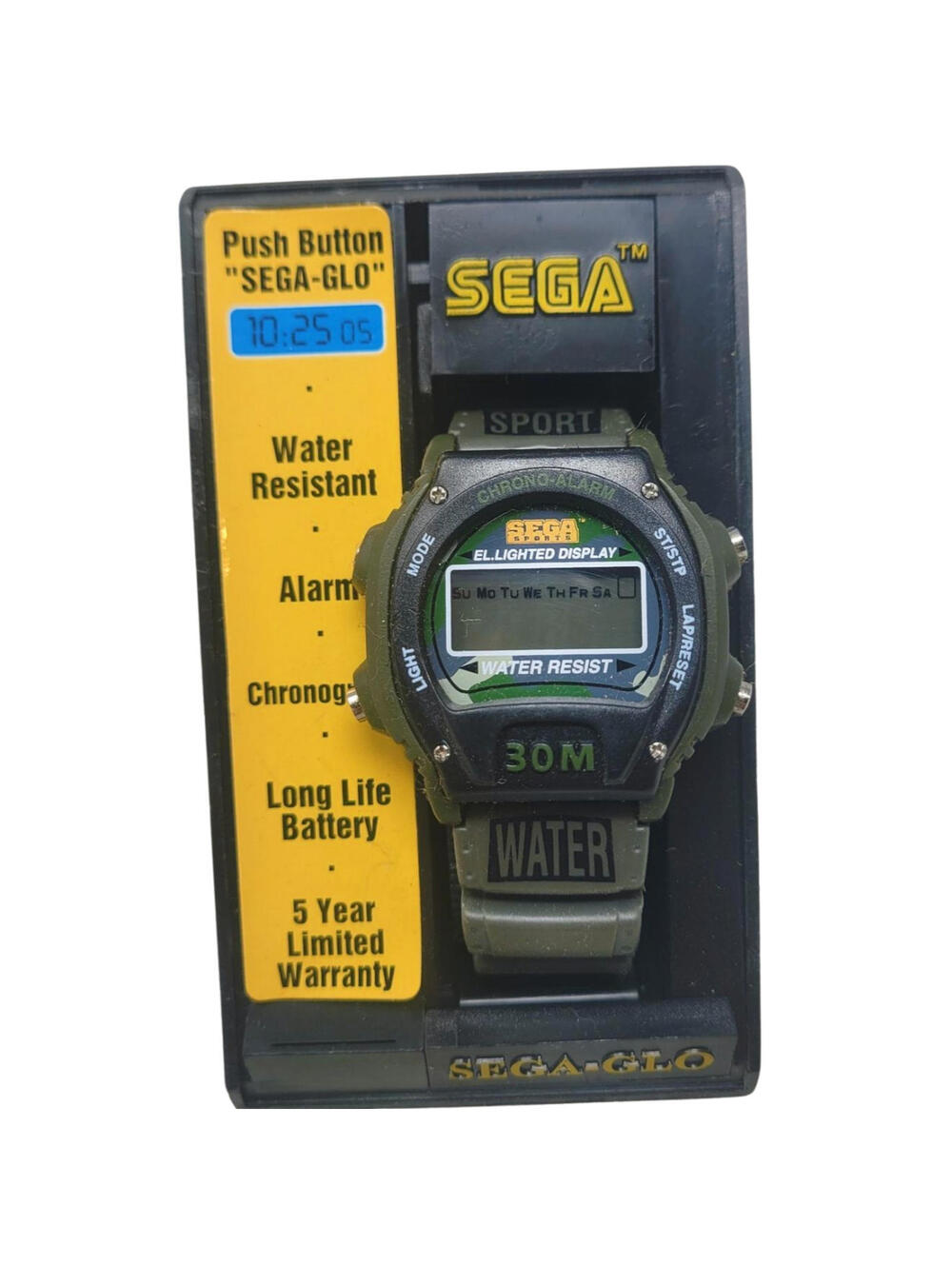 VINTAGE SEGA SPORTS GLOW DIAL WRIST WATCH NOS GENESIS 30M Army Green Water Resis